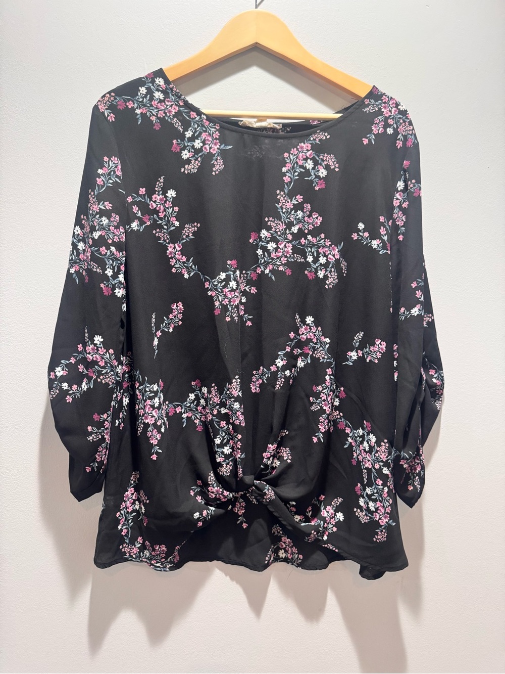 Pink Republic Black Floral Knot-Front Blouse